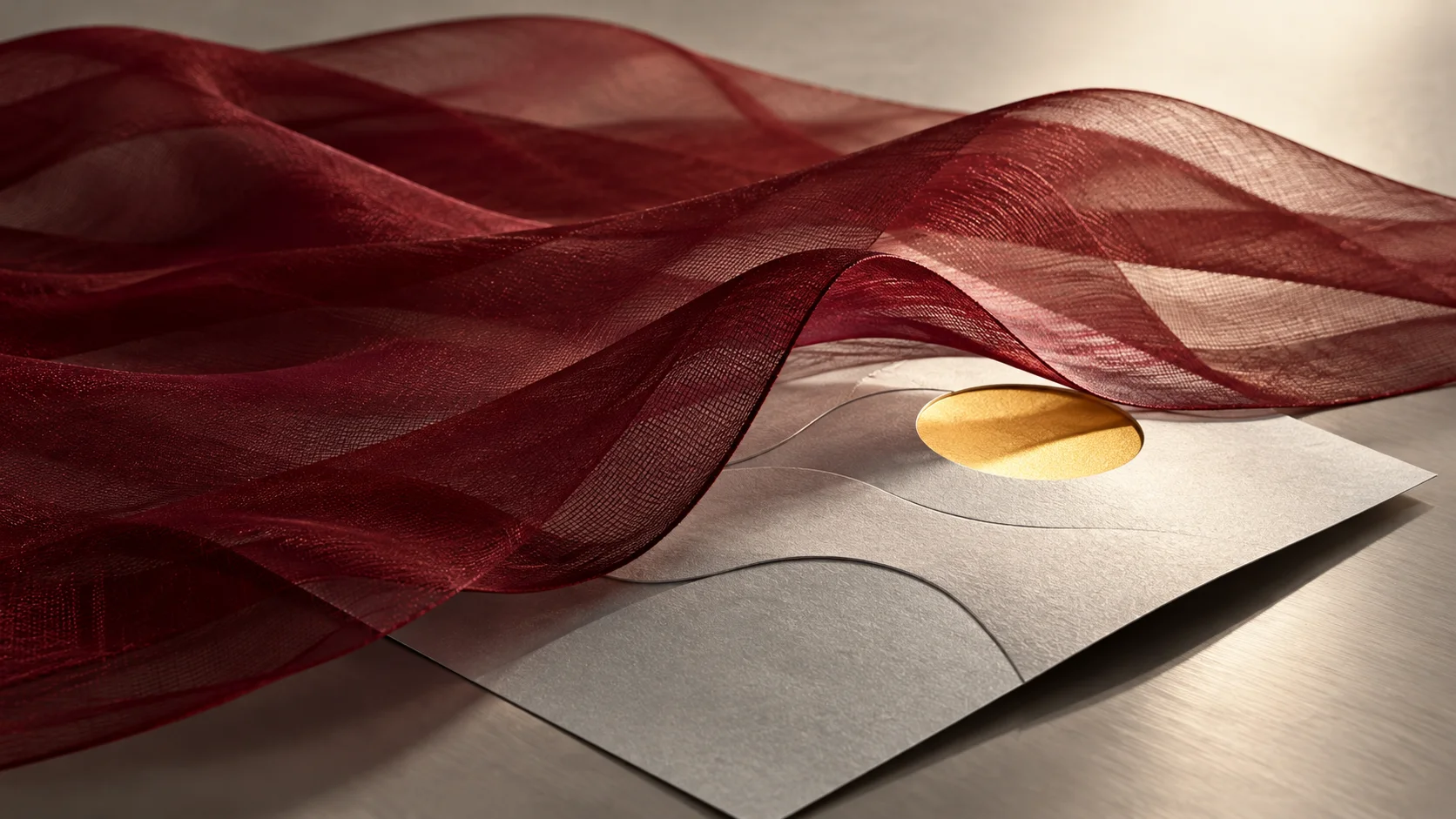 Translucent burgundy layers lift from a silver sheet to reveal a yellow evidence marker