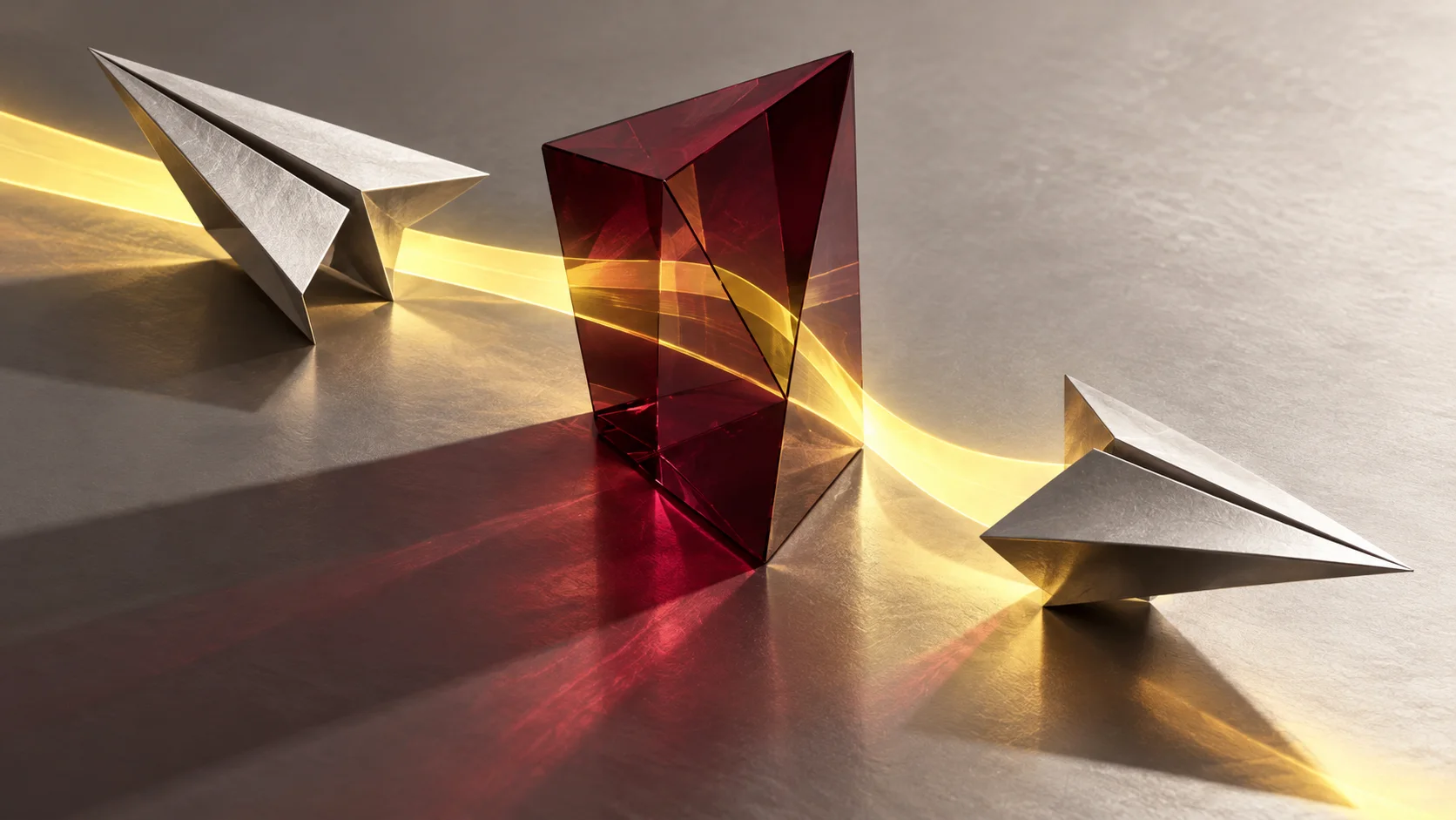 Two silver paper forms direct yellow light through a burgundy glass prism