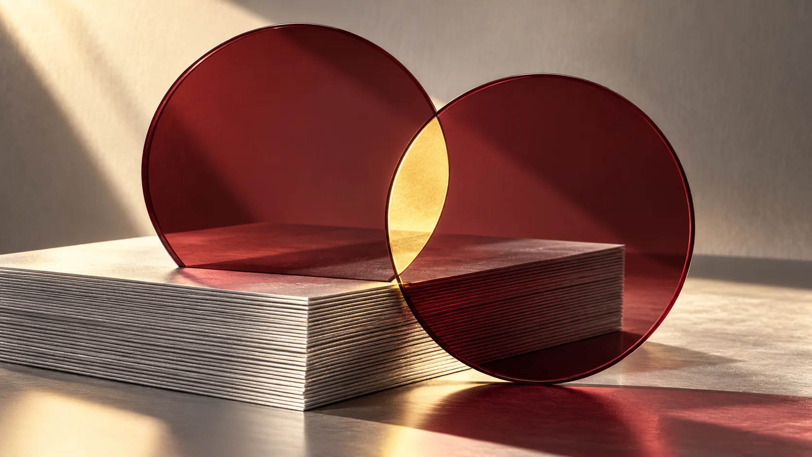 Burgundy transparent discs aligned across silver paper with a yellow registration detail