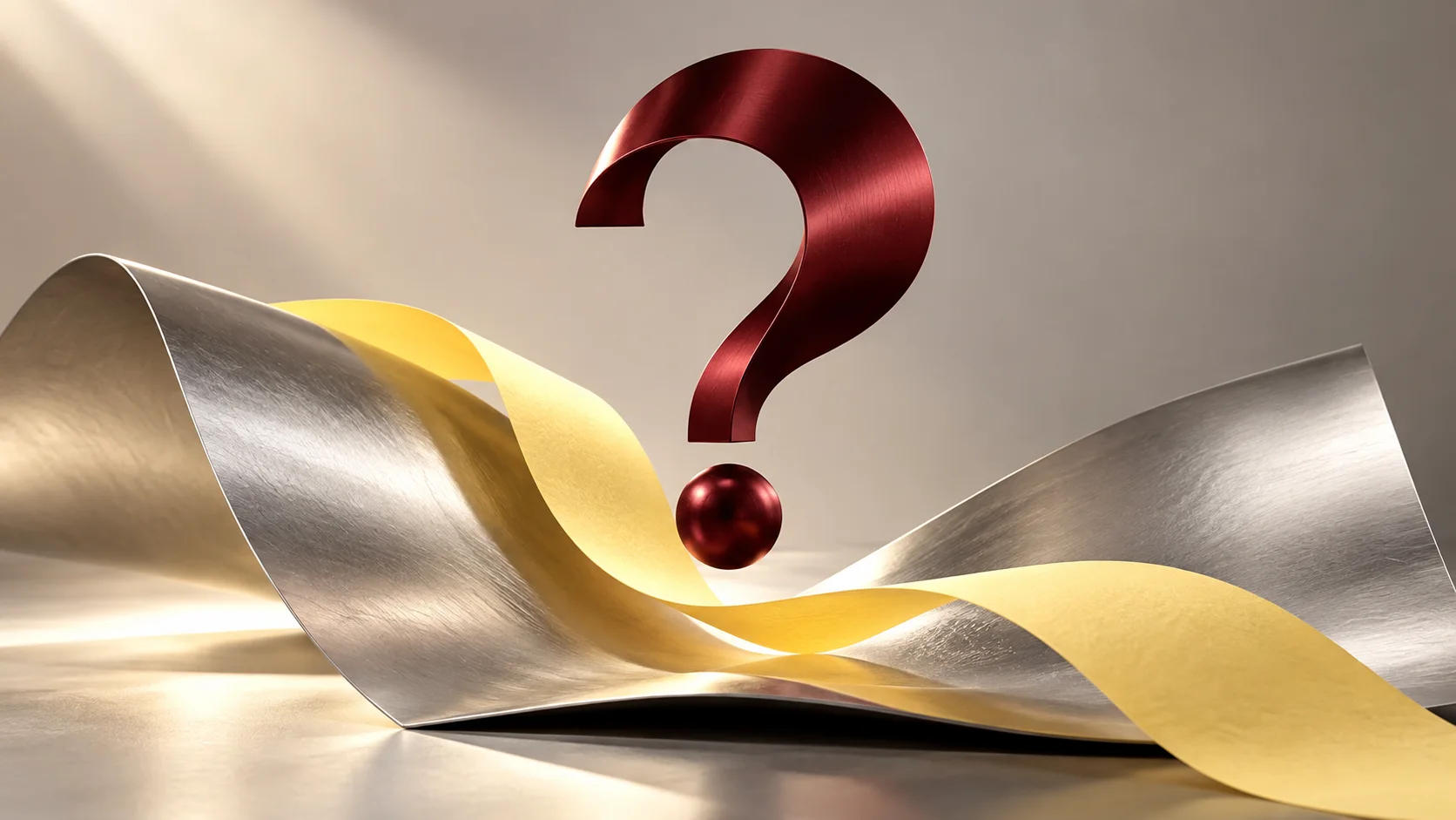 A curved burgundy question-mark sculpture suspended above a silver paper sheet