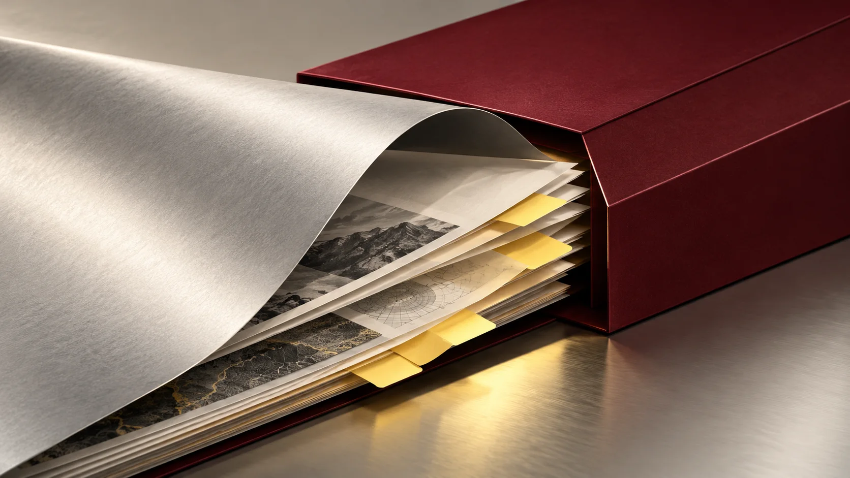 A burgundy portfolio holds layered source sheets beneath a curved silver cover