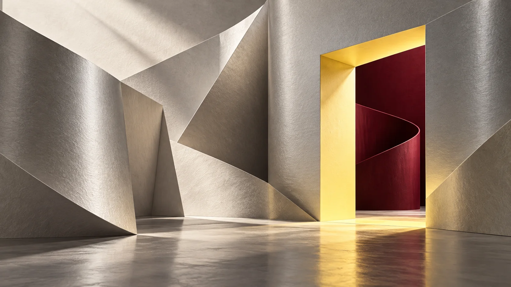 Silver paper walls viewed through a yellow aperture toward a burgundy opening