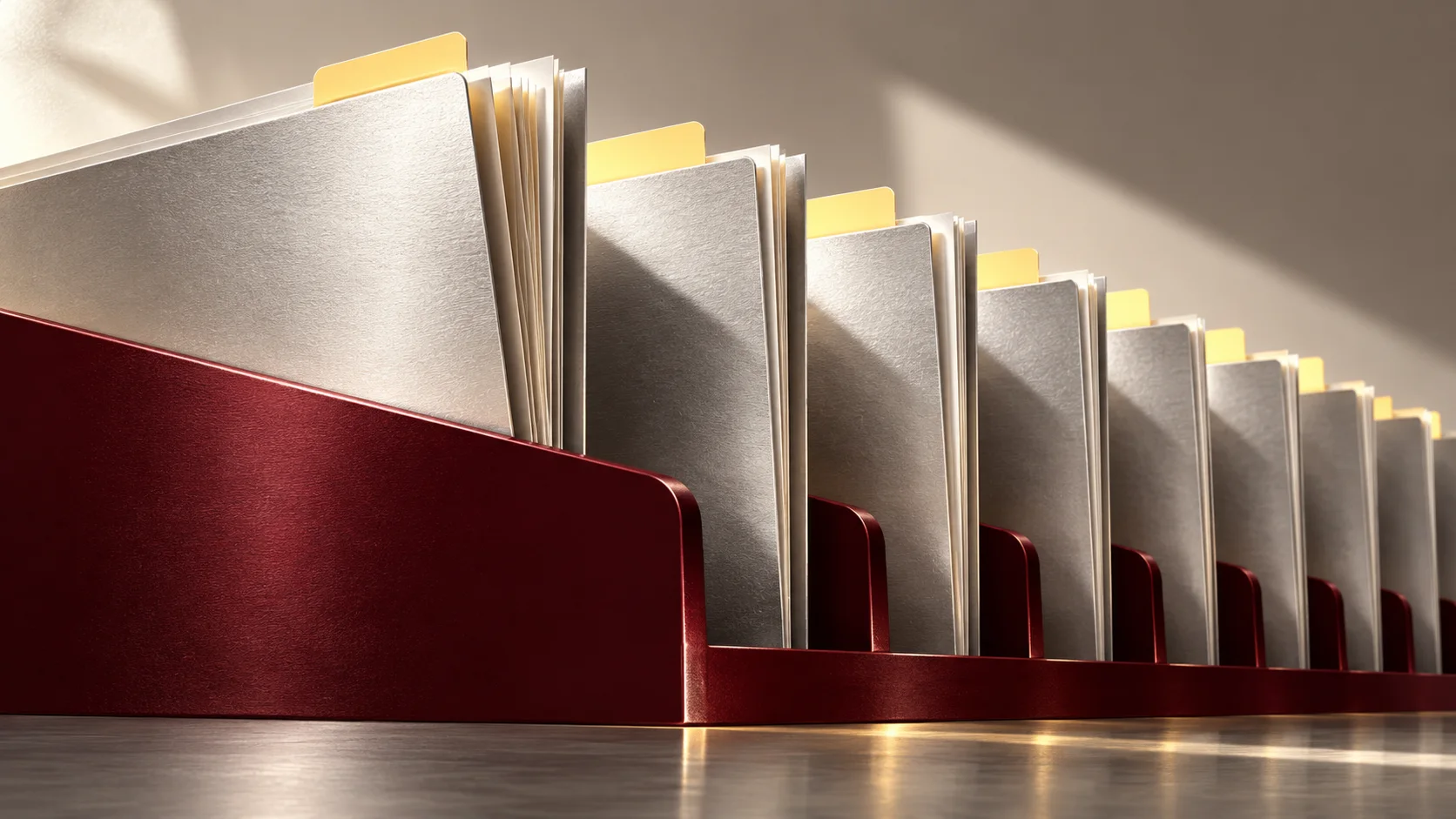 Silver document folios arranged on a burgundy archive rail with yellow tabs