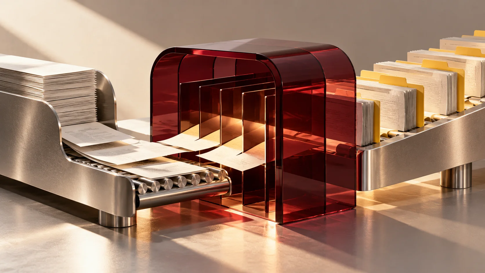 Source documents move through a burgundy glass review gate on a silver conveyor