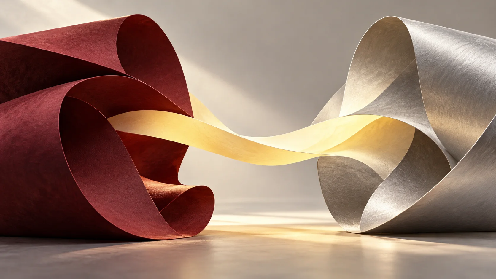 Burgundy and silver paper folds meet across a yellow connecting ribbon