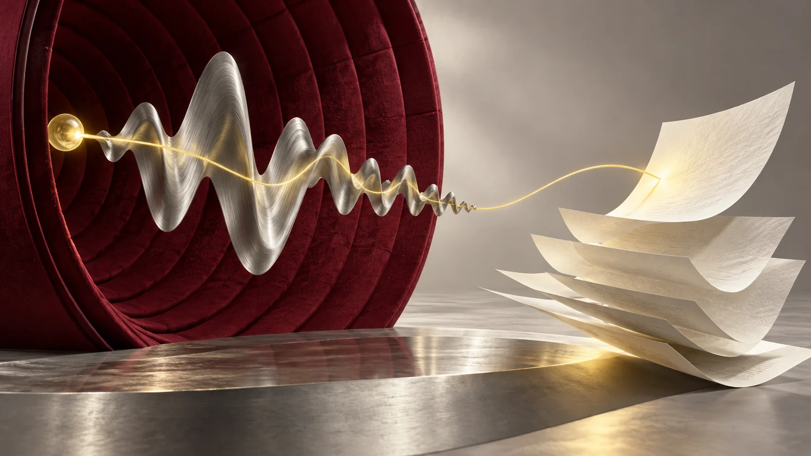 Silver sound waves pass from burgundy acoustic rings into layered paper