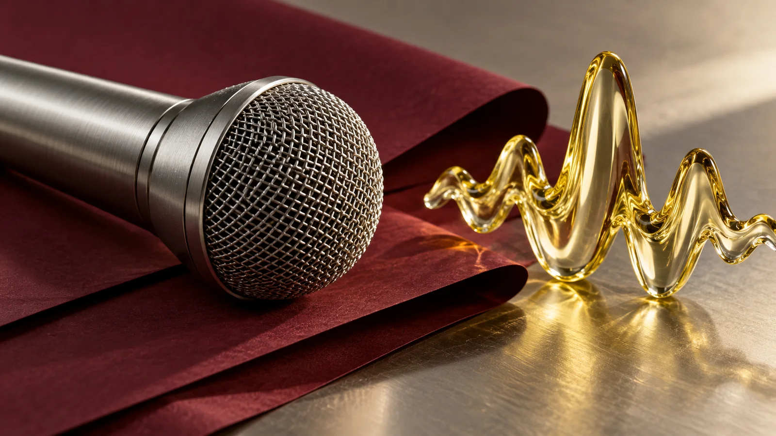 Silver microphone beside burgundy paper and a translucent yellow sound-wave sculpture