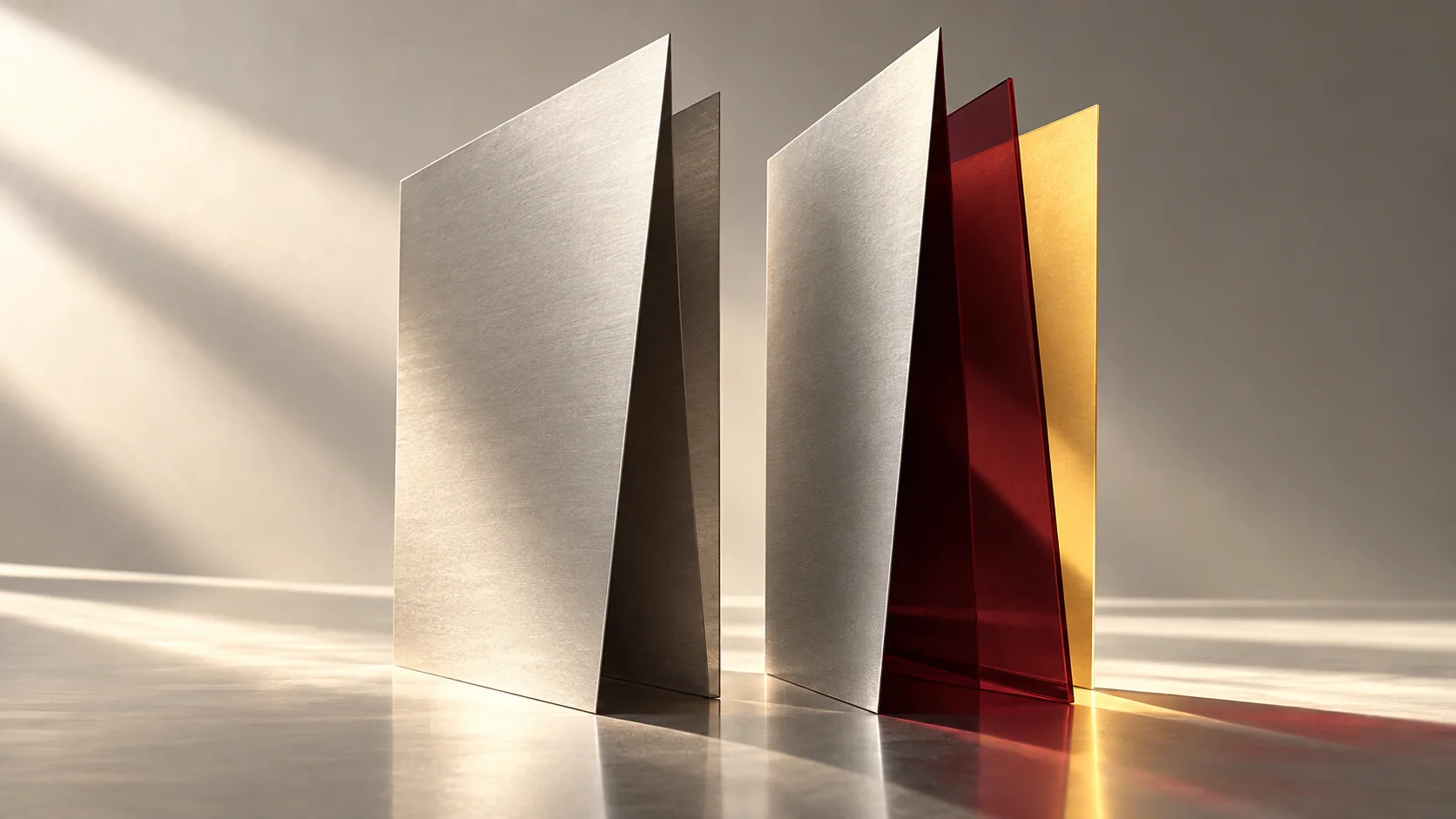 A yellow passage aligns layered silver and burgundy document sheets