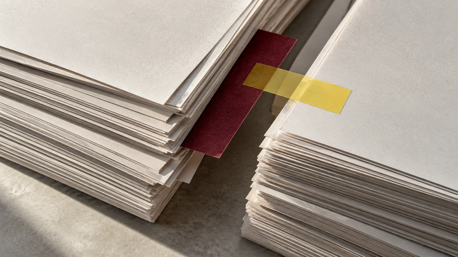 Silver document stacks separated by burgundy paper and a yellow evidence tab