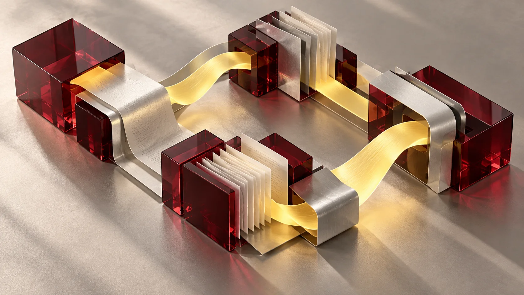 Three burgundy and silver research modules connect through a continuous yellow ribbon