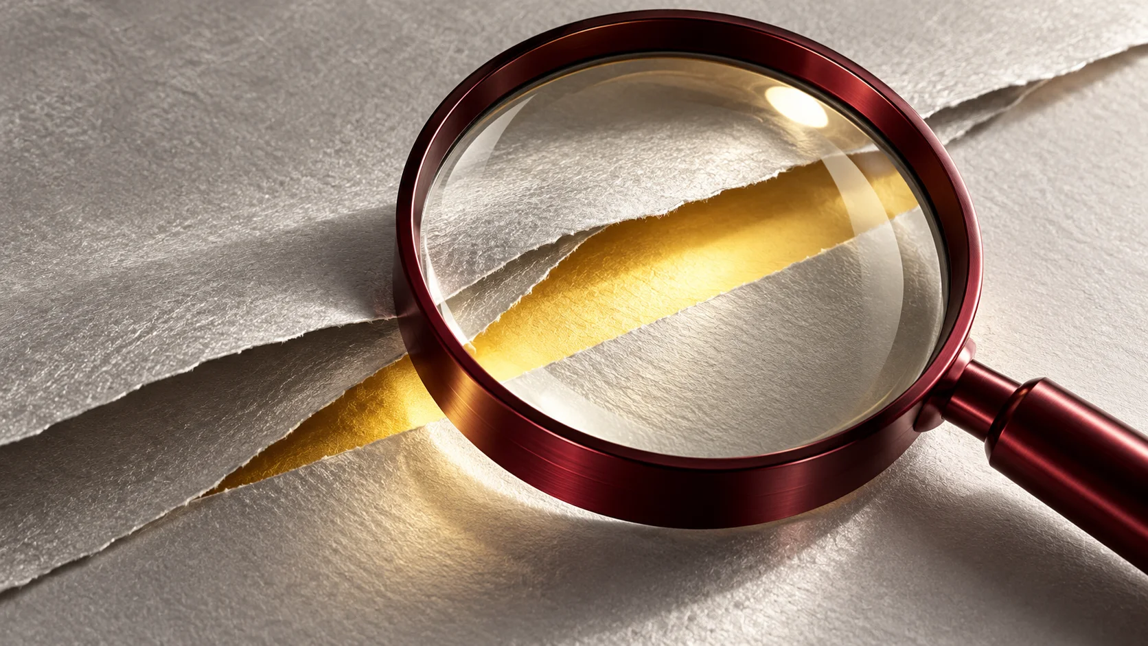 A burgundy glass lens reveals a yellow evidence layer beneath silver paper