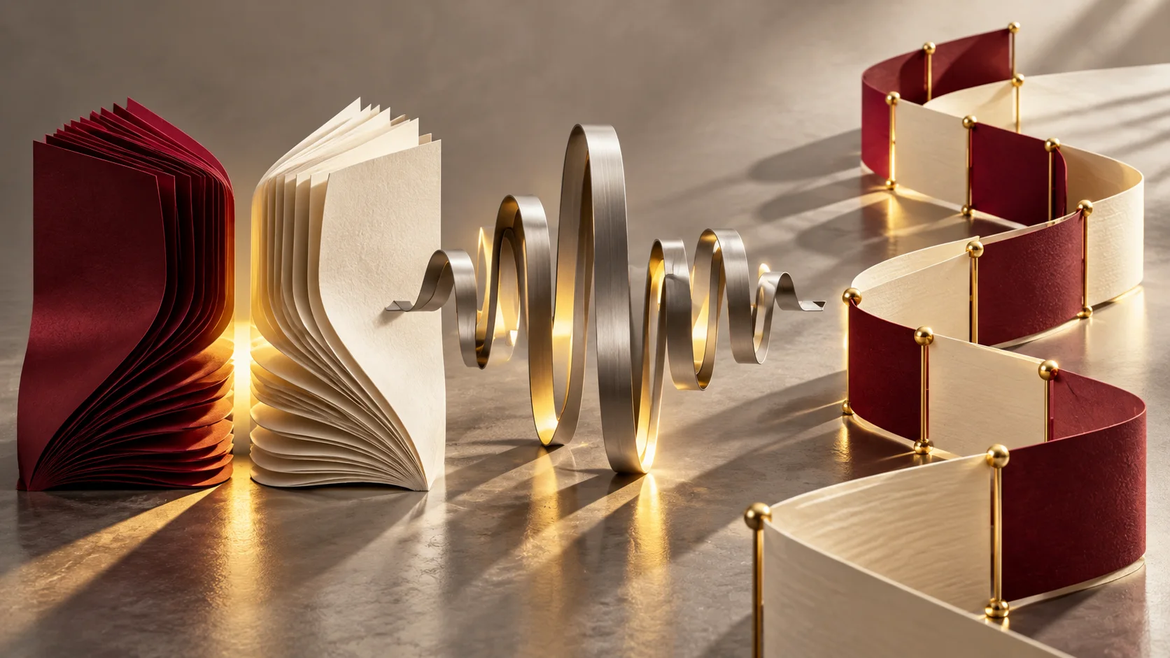 Open source documents connect through silver lenses and a winding burgundy research ribbon